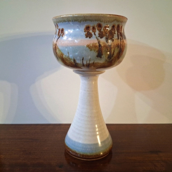 Signed Bonnie Staffel Pottery Chalice Goblet Wine Tropical Seascape Ocean Sunset - Picture 7 of 16